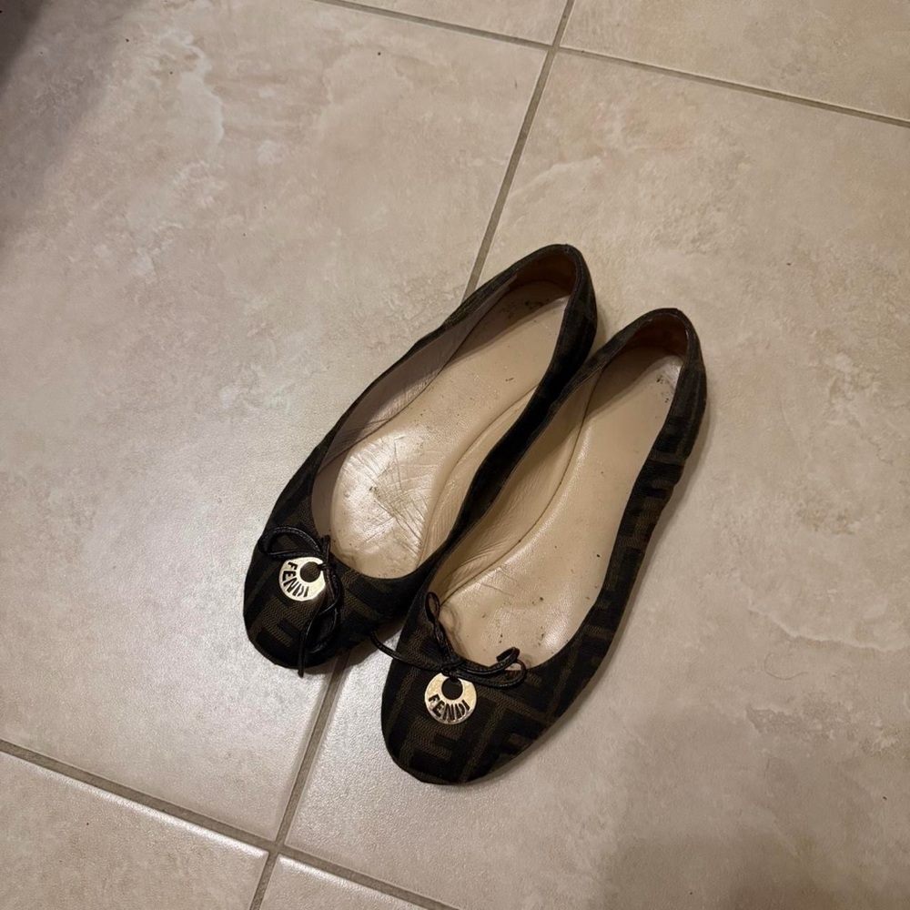 Fendi Black Brown Zucca Logo Ballet Flats with Gold Charm